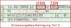 Fahrzeugschein mit HSN- und TSN-Nummer